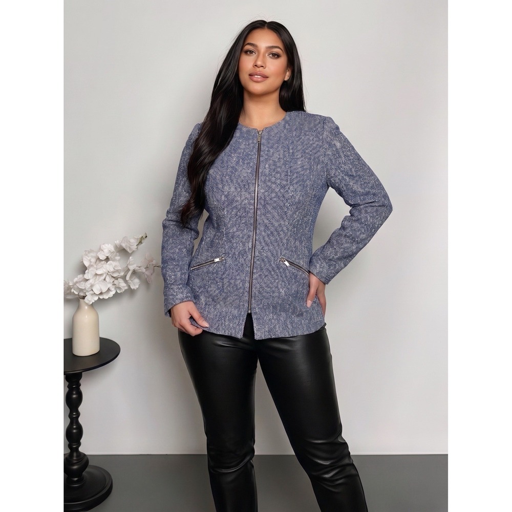 Zara Basic Blue Textured Zip Front Blazer Jacket Large Long Sleeve Career Chic